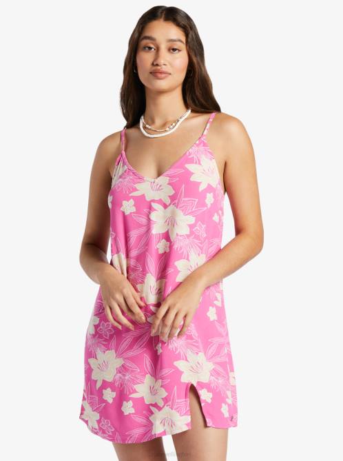 X4FH379 shocking pink wild oasis Daytrip Mini V-neck Slip Dress Women Roxy | Dresses