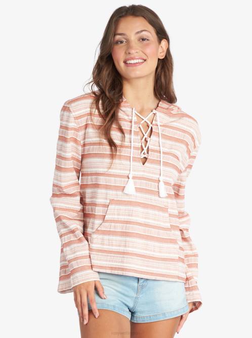 X4FH394 baked clay river stripe Paradise Calling Woven Poncho Hoodie Women Roxy | Hoodies