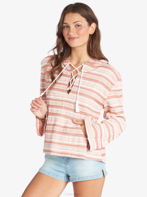 X4FH394 baked clay river stripe Paradise Calling Woven Poncho Hoodie Women Roxy | Hoodies