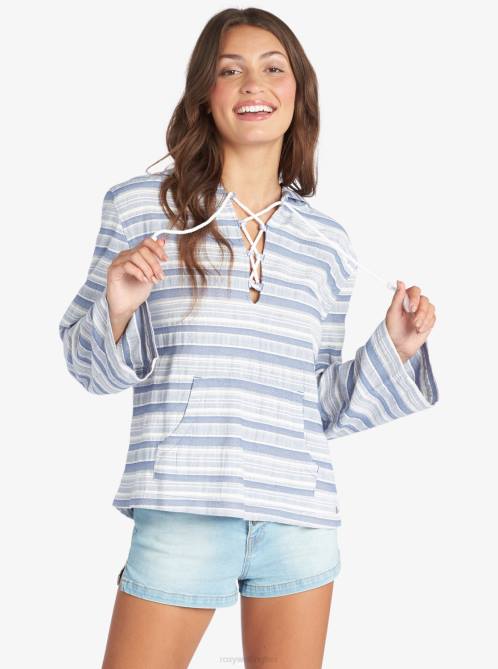 X4FH475 bijou blue river stripe Paradise Calling Woven Poncho Hoodie Women Roxy | Hoodies