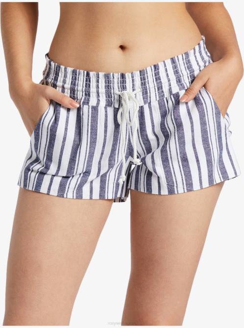 X4FH254 mood indigo paradise stripe Oceanside Elastic Waist Shorts Women Roxy | Shorts