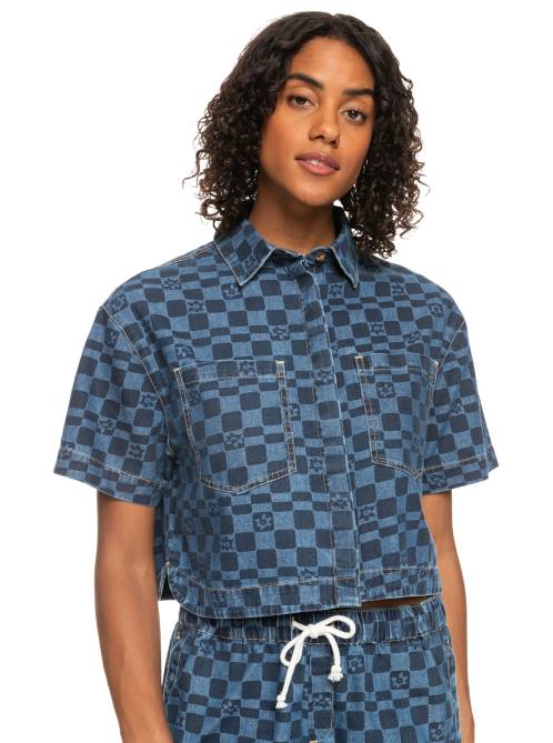 X4FH156 mood indigo sol power Wave Club Printed Short Sleeve Denim Shirt Women Roxy | Shirts