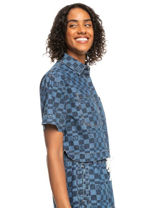 X4FH156 mood indigo sol power Wave Club Printed Short Sleeve Denim Shirt Women Roxy | Shirts