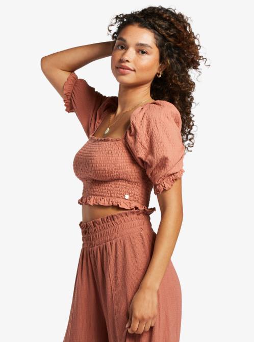 X4FH105 cedar wood Sunset Walks Puff Sleeve Crop Top Women Roxy | Tops