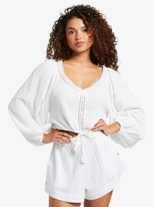 X4FH42 snow white What A Vibe Long Sleeve Crop Top Women Roxy | Tops