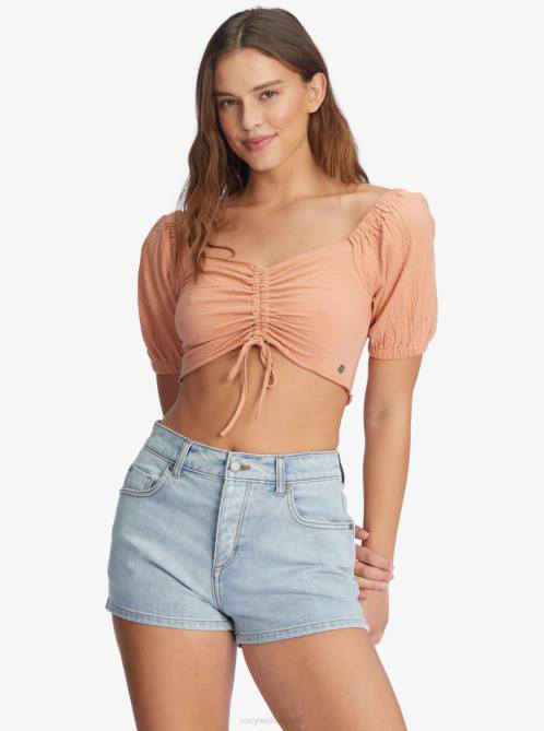 X4FH437 cork Flirty Walk Ruched Crop Top Women Roxy | Tops