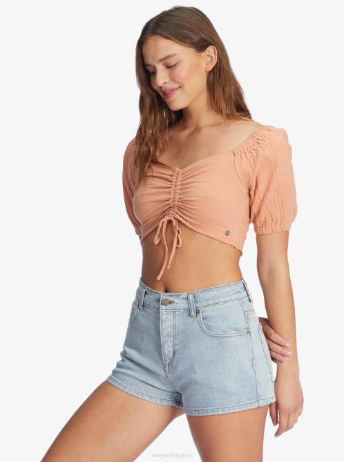 X4FH437 cork Flirty Walk Ruched Crop Top Women Roxy | Tops