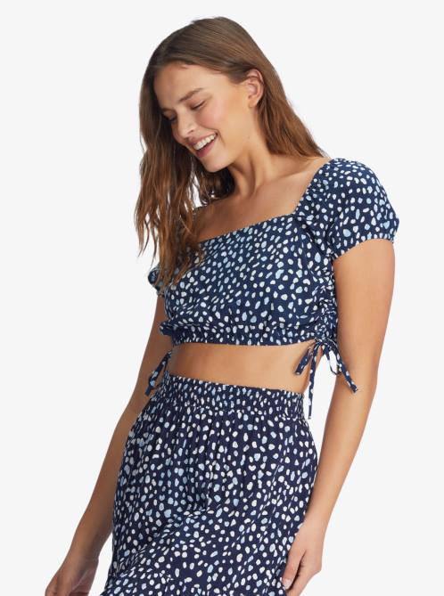X4FH510 mood indigo wild dots Dear Amor Indigo Short Sleeve Crop Top Women Roxy | Tops