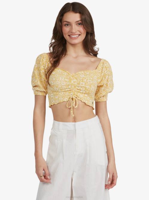 X4FH552 ochre woodblock ditsy Flirty Walk Cropped Puff Sleeve Top Women Roxy | Tops