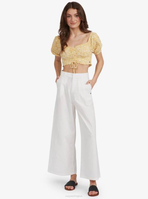 X4FH552 ochre woodblock ditsy Flirty Walk Cropped Puff Sleeve Top Women Roxy | Tops