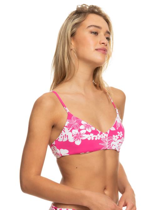 X4FH642 shocking pink hello aloha Printed Beach Classics Athletic Triangle Bikini Top Women Roxy | Bikini Tops